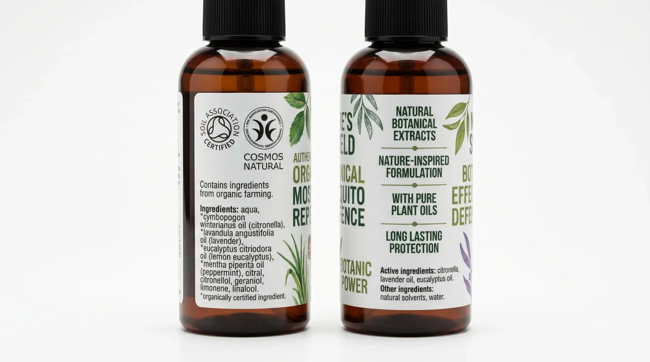 Side-by-side comparison of certified natural mosquito repellent bottle displaying Soil Association and COSMOS organic certification logos versus non-certified product with vague botanical marketing claims, showing label verification differences