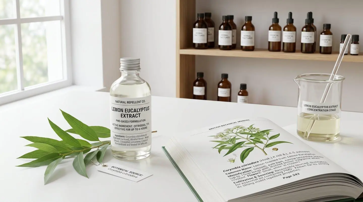 PMD-based natural mosquito repellent bottle displayed with fresh lemon eucalyptus leaves and botanical reference materials on clean white surface in natural pharmacy setting, showing ingredient-to-product relationship